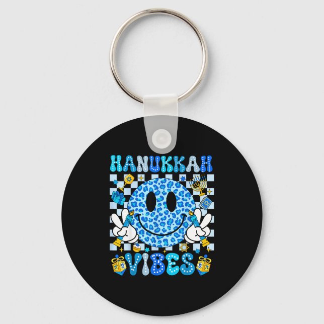 Hanukkah Vibes Groovy Smile Face Jewish Holiday Ch Keychain (Front)