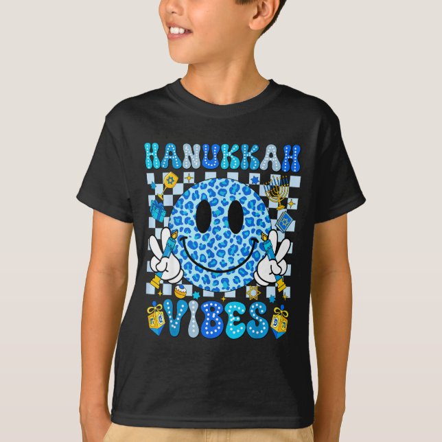 Hanukkah Vibes Groovy Smile Face Jewish Holiday Ch T-Shirt (Front)