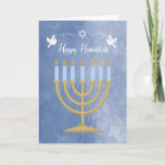 Hanukkah with Menorah and White Doves Holiday Card<br><div class="desc">This greeting for a Happy Hanukkah features a gold coloured menorah with blue and white striped candles with flames. At the top are two white doves and a white Star of David against a blue-toned mottled background. (Some elements ©AMB Illustrations.)</div>