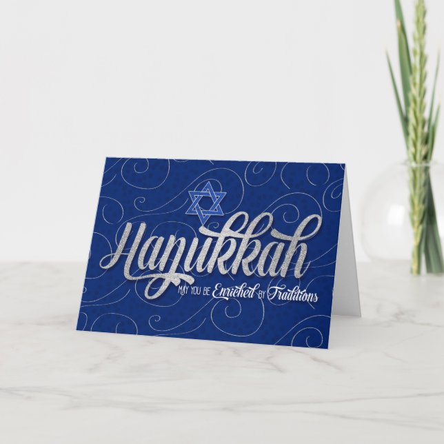 Hanukkah with Star of David in Blue and Silver Holiday Card (Front)