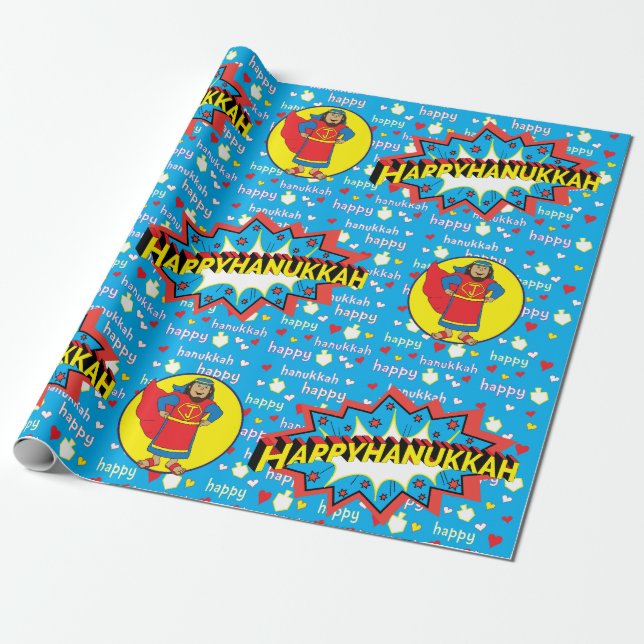 Hanukkah Wrapping Paper "Judah Super Hero" (Unrolled)