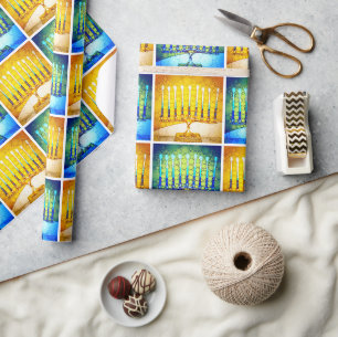 Hanukkah Yellow Blue Menorahs Pattern Modern Chic  Wrapping Paper