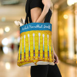 Hanukkah Yellow Gold Menorah Modern Custom Name Tote Bag<br><div class="desc">A close-up photo of a bright, colourful, yellow gold artsy menorah photo helps you usher in the holiday of Hanukkah in style. Feel the warmth and joy of the holiday season whenever you use this stunning, colourful Hanukkah personalized name tote bag. Matching cards, stickers, serving trays, and other products are...</div>