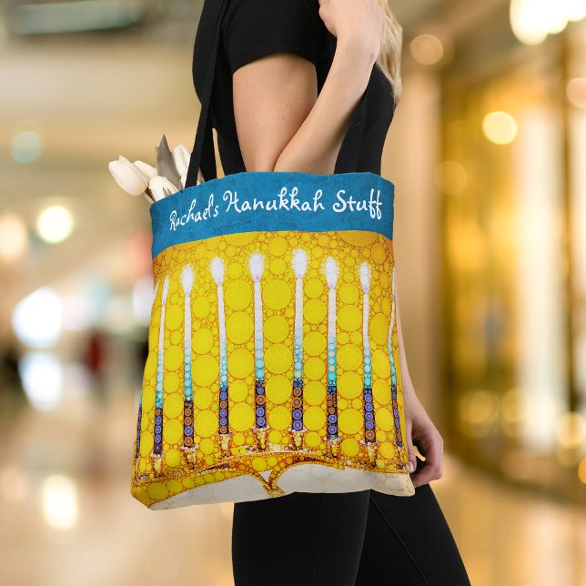 Hanukkah Yellow Gold Menorah Modern Custom Name Tote Bag (Creator Uploaded)