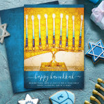Hanukkah Yellow Gold Menorah Teal Bold Stylish Holiday Card<br><div class="desc">“Happy Hanukkah”. A close-up photo illustration of a bright, colorful, yellow gold artsy menorah on a textured teal blue background helps you usher in the holiday of Hanukkah. Feel the warmth and joy of the holiday season whenever you send this stunning, colorful Hanukkah flat greeting card. Matching envelopes, stickers, tote...</div>
