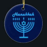 Hanukkiah Happy Hanukkah Jewish Holiday Menorah Ceramic Ornament<br><div class="desc">Hanukkiah Symbol. Happy Hanukkah Party Jewish Holiday Blue Menorah. Jewish Holiday Chanukkah Decoration with traditional Chanuka decorative symbol - Navy Blue color hanukkiah menorah, candlestick with candles, star of David and neon blue glowing lights illustration. Hanukkah Festival of lights Event Decoration. Jerusalem, Israel. Home > Home Décor > Christmas Décor...</div>