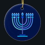 Hanukkiah Happy Hanukkah Jewish Holiday Menorah Ceramic Ornament<br><div class="desc">Hanukkiah Symbol. Happy Hanukkah Party Jewish Holiday Blue Menorah. Jewish Holiday Chanukkah Decoration with traditional Chanuka decorative symbol - Navy Blue colour hanukkiah menorah, candlestick with candles, star of David and neon blue glowing lights illustration. Hanukkah Festival of lights Event Decoration. Jerusalem, Israel.Home > Home Décor > Christmas Décor >...</div>