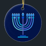 Hanukkiah Happy Hanukkah Jewish Holiday Menorah Ceramic Ornament<br><div class="desc">Hanukkiah Symbol. Happy Hanukkah Party Jewish Holiday Blue Menorah. Jewish Holiday Chanukkah Decoration with traditional Chanuka decorative symbol - Navy Blue colour hanukkiah menorah, candlestick with candles, star of David and neon blue glowing lights illustration. Hanukkah Festival of lights Event Decoration. Jerusalem, Israel.Home > Home Décor > Christmas Décor >...</div>