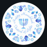Hanukkiah Happy Hanukkah Jewish Holiday Menorah Classic Round Sticker<br><div class="desc">Hanukkiah Symbol. Happy Hanukkah Party Jewish Holiday Blue Menorah. Jewish Holiday Chanukkah Decoration with traditional Chanuka decorative symbol - Navy Blue colour hanukkiah menorah, candlestick with candles, star of David and neon blue glowing lights illustration. Hanukkah Festival of lights Event Decoration. Jerusalem, Israel. Crafts & Party Supplies > Gift Wrapping...</div>