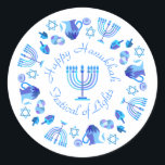 Hanukkiah Happy Hanukkah Jewish Holiday Menorah Classic Round Sticker<br><div class="desc">Hanukkiah Symbol. Happy Hanukkah Party Jewish Holiday Blue Menorah. Jewish Holiday Chanukkah Decoration with traditional Chanuka decorative symbol - Navy Blue colour hanukkiah menorah, candlestick with candles, star of David and neon blue glowing lights illustration. Hanukkah Festival of lights Event Decoration. Jerusalem, Israel. Crafts & Party Supplies > Gift Wrapping...</div>