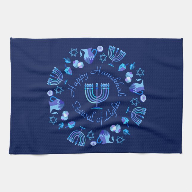 Hanukkiah Happy Hanukkah Jewish Holiday Menorah Kitchen Towel (Horizontal)