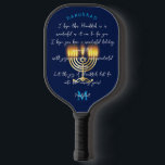 Hanukkiah Happy Hanukkah Jewish Holiday Menorah Pickleball Paddle<br><div class="desc">Hanukkiah Menorah Symbol with Monogram. Happy Hanukkah Party Jewish Holiday Hanukkiah. Jewish Holiday Chanukkah Decoration with traditional Chanukah decorative symbol - hanukkiah menorah, candlestick with candles, star of David and spinning top, doughnuts Navy Blue colour pattern illustration. Hanukkah Festival of lights Event Decoration. Jerusalem, Israel. Sports, Toys & Games >...</div>