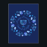 Hanukkiah Happy Hanukkah Jewish Holiday Menorah Postcard<br><div class="desc">Hanukkiah Symbol. Happy Hanukkah Party Jewish Holiday Blue Menorah. Jewish Holiday Chanukkah Decoration with traditional Chanuka decorative symbol - Navy Blue colour hanukkiah menorah, candlestick with candles, star of David and neon blue glowing lights illustration. Hanukkah Festival of lights Event Decoration. Jerusalem, Israel. Invitations & Stationery > Greeting Cards >...</div>
