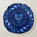 Hanukkiah Happy Hanukkah Jewish Holiday Menorah Round Pillow<br><div class="desc">Hanukkiah Symbol. Happy Hanukkah Party Jewish Holiday Blue Menorah. Jewish Holiday Chanukkah Decoration with traditional Chanuka decorative symbol - Navy Blue colour hanukkiah menorah, candlestick with candles, star of David and neon blue glowing lights illustration. Hanukkah Festival of lights Event Decoration. Jerusalem, Israel. Home > Home Décor > Pillows &...</div>