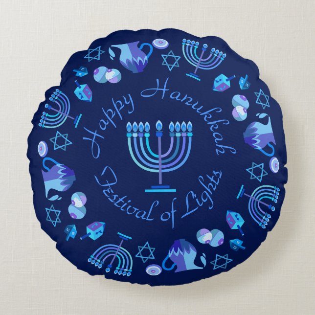 Hanukkiah Happy Hanukkah Jewish Holiday Menorah Round Pillow (Front)