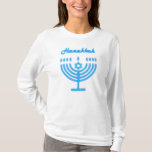 Hanukkiah Happy Hanukkah Jewish Holiday Menorah T-Shirt<br><div class="desc">Hanukkiah Symbol. Happy Hanukkah Party Jewish Holiday Blue Menorah. Jewish Holiday Chanukkah Decoration with traditional Chanuka decorative symbol - Navy Blue colour hanukkiah menorah, candlestick with candles, star of David and neon blue glowing lights illustration. Hanukkah Festival of lights Event Decoration. Jerusalem, Israel. Clothing & Shoes > Women > Clothing...</div>