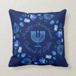 Hanukkiah Happy Hanukkah Jewish Holiday Menorah Throw Pillow<br><div class="desc">Hanukkiah Symbol. Happy Hanukkah Party Jewish Holiday Blue Menorah. Jewish Holiday Chanukkah Decoration with traditional Chanuka decorative symbol - Navy Blue colour hanukkiah menorah, candlestick with candles, star of David and neon blue glowing lights illustration. Hanukkah Festival of lights Event Decoration. Jerusalem, Israel. Home > Home Décor > Pillows &...</div>