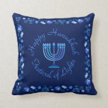 Hanukkiah Happy Hanukkah Jewish Holiday Menorah Throw Pillow<br><div class="desc">Hanukkiah Symbol. Happy Hanukkah Party Jewish Holiday Blue Menorah. Jewish Holiday Chanukkah Decoration with traditional Chanuka decorative symbol - Navy Blue colour hanukkiah menorah, candlestick with candles, star of David and neon blue glowing lights illustration. Hanukkah Festival of lights Event Decoration. Jerusalem, Israel. Home > Home Décor > Pillows &...</div>