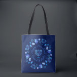Hanukkiah Happy Hanukkah Jewish Holiday Menorah Tote Bag<br><div class="desc">Hanukkiah Symbol. Happy Hanukkah Party Jewish Holiday Blue Menorah. Jewish Holiday Chanukkah Decoration with traditional Chanuka decorative symbol - Navy Blue colour hanukkiah menorah, candlestick with candles, star of David and neon blue glowing lights illustration. Hanukkah Festival of lights Event Decoration. Jerusalem, Israel. Accessories > Bags & Wallets > Totes...</div>