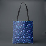 Hanukkiah Happy Hanukkah Jewish Holiday Menorah Tote Bag<br><div class="desc">Hanukkiah Symbol. Happy Hanukkah Party Jewish Holiday Blue Menorah Pattern. Jewish Holiday Chanukkah Decoration with traditional Chanuka decorative symbol - Navy Blue colour hanukkiah menorah, candlestick with candles, star of David and neon blue glowing lights illustration. Hanukkah Festival of lights Event Decoration. Jerusalem, Israel. Accessories > Bags & Wallets >...</div>