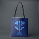Hanukkiah Happy Hanukkah Jewish Holiday Menorah Tote Bag<br><div class="desc">Hanukkiah Symbol. Happy Hanukkah Party Jewish Holiday Blue Menorah. Jewish Holiday Chanukkah Decoration with traditional Chanuka decorative symbol - Navy Blue colour hanukkiah menorah, candlestick with candles, star of David and neon blue glowing lights illustration. Hanukkah Festival of lights Event Decoration. Jerusalem, Israel. Accessories > Bags & Wallets > Totes...</div>