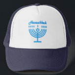 Hanukkiah Happy Hanukkah Jewish Holiday Menorah Trucker Hat<br><div class="desc">Hanukkiah Symbol. Happy Hanukkah Party Jewish Holiday Blue Menorah. Jewish Holiday Chanukkah Decoration with traditional Chanuka decorative symbol - Navy Blue color hanukkiah menorah, candlestick with candles, star of David and neon blue glowing lights illustration. Hanukkah Festival of lights Event Decoration. Jerusalem, Israel. Accessories > Hats & Hair Accessories >...</div>