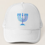 Hanukkiah Happy Hanukkah Jewish Holiday Menorah Trucker Hat<br><div class="desc">Hanukkiah Symbol. Happy Hanukkah Party Jewish Holiday Blue Menorah. Jewish Holiday Chanukkah Decoration with traditional Chanuka decorative symbol - Navy Blue color hanukkiah menorah, candlestick with candles, star of David and neon blue glowing lights illustration. Hanukkah Festival of lights Event Decoration. Jerusalem, Israel. Accessories > Hats & Hair Accessories >...</div>