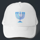Hanukkiah Happy Hanukkah Jewish Holiday Menorah Trucker Hat<br><div class="desc">Hanukkiah Symbol. Happy Hanukkah Party Jewish Holiday Blue Menorah. Jewish Holiday Chanukkah Decoration with traditional Chanuka decorative symbol - Navy Blue color hanukkiah menorah, candlestick with candles, star of David and neon blue glowing lights illustration. Hanukkah Festival of lights Event Decoration. Jerusalem, Israel. Accessories > Hats & Hair Accessories >...</div>