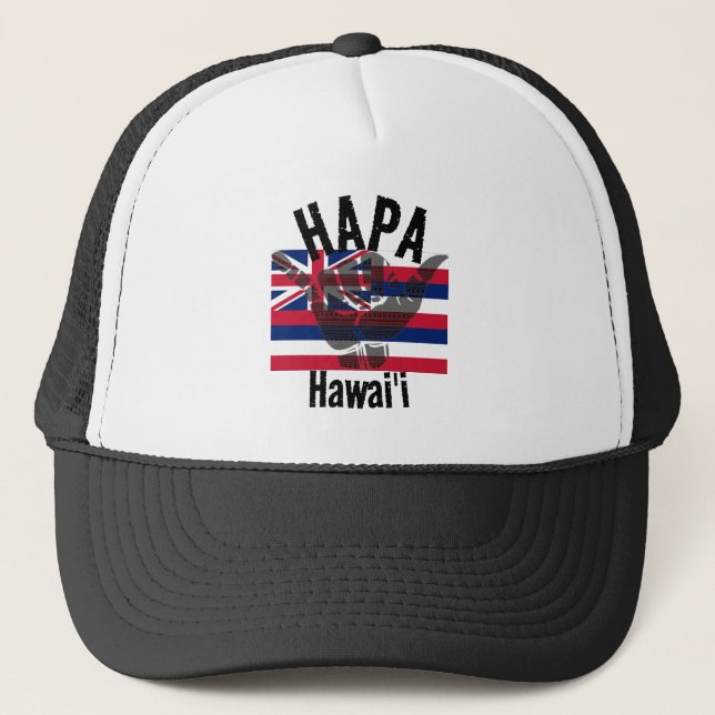 HAPA HAWAII HI Flag TRIBAL SHAKA BG Trucker Hat (Front)