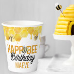 Happ-Bee Birthday Bee Theme Kids Party Paper Cups<br><div class="desc">Happ-Bee birthday paper cups that are as sweet as honey! Bee birthday party tableware personalized for your guest of honour and featuring a playful pun that's sure to make your guests smile. The watercolor illustration is a cute blend of honeycomb, dripping honey and cute little bumble bees. For co-ordinating invitations...</div>