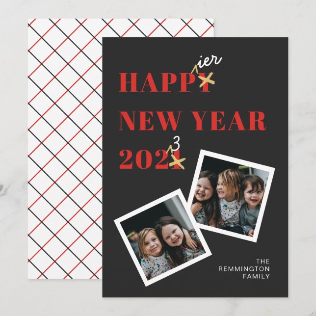 Happier New Year 2023 Black Photo Holiday Card (Front/Back)