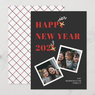Happier New Year 2023 Black Photo Holiday Card