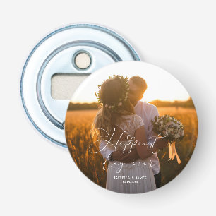 Happiest Day Elegant Calligraphy Wedding Photo Bottle Opener