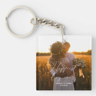 Happiest Day Elegant Calligraphy Wedding Photo Keychain