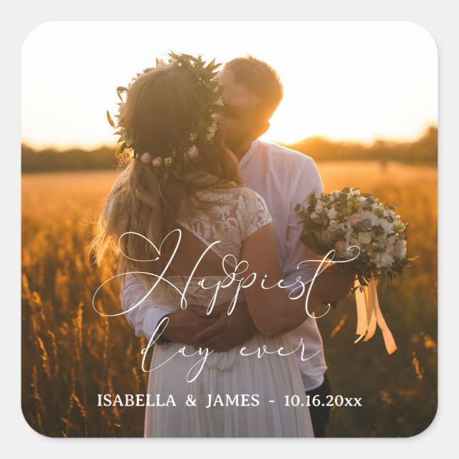 Happiest Day Elegant Calligraphy Wedding Photo Square Sticker (Front)