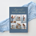 Happiest Hanukkah Elegant 6 Photo Collage Foil Holiday Card<br><div class="desc">Share cheer with these modern Hanukkah holiday cards featuring 6 of your favourite photos in a grid collage layout. "Happiest Hanukkah" appears at the top in gold foil hand lettered calligraphy and classic serif lettering on a dusty slate blue background. Personalize with your family name and the year at the...</div>