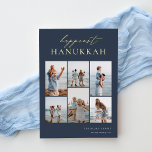 Happiest Hanukkah Elegant 6 Photo Collage Foil Holiday Card<br><div class="desc">Share cheer with these modern Hanukkah holiday cards featuring 6 of your favourite photos in a grid collage layout. "Happiest Hanukkah" appears at the top in gold foil hand lettered calligraphy and classic serif lettering on a navy blue background. Personalize with your family name and the year at the lower...</div>