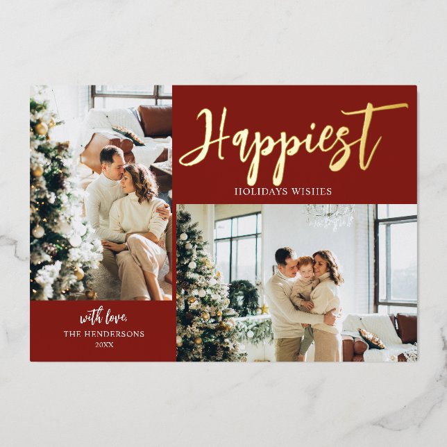 Happiest Holidays Brush Script Photo Red Foil Holiday Card (Front)