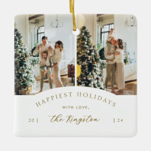 Happiest Holidays   Elegant Gold 2 Photo Collage Ceramic Ornament