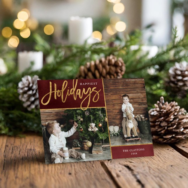 Happiest Holidays Faux Gold Foil 2 Photo Holiday Card (Creator Uploaded)