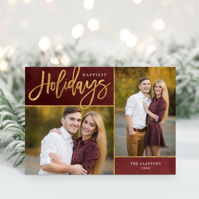Happiest Holidays Faux Gold Foil 2 Photo Holiday Card (Creator Uploaded)