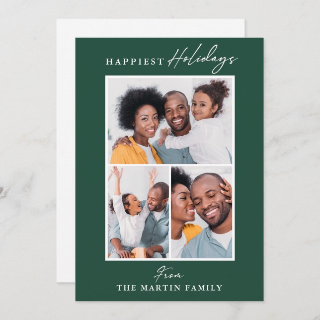Happiest Holidays Green Three Photo Collage Holiday Card (Front/Back)