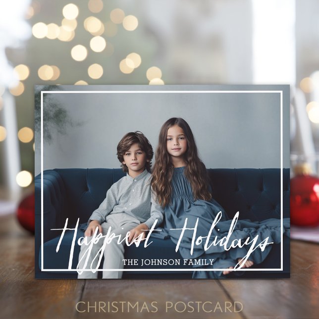 Happiest Holidays Modern Full Photo - White Script Holiday Postcard (Holiday Photo Postcard)