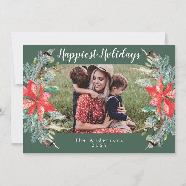 Happiest Holidays | Modern Oval Photo Botanical Holiday Card (Front)