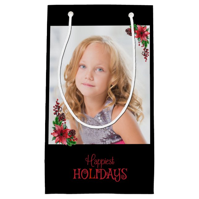 Happiest Holidays Poinsettia Family Photo Small Gift Bag (Front)