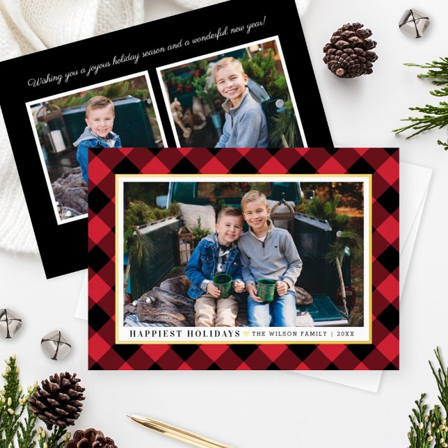 Happiest Holidays Red Buffalo Plaid Photo Gold Foil Holiday Card (Creator Uploaded)