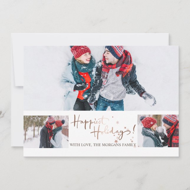 Happiest Holidays Rose Gold Stars Photo Collage Announcement (Front)