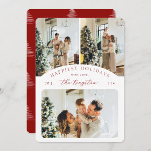 Happiest Holidays   Ruby Red 3 Photo Rounded Holiday Card
