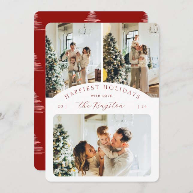 Happiest Holidays | Ruby Red 3 Photo Rounded Holiday Card (Front/Back)