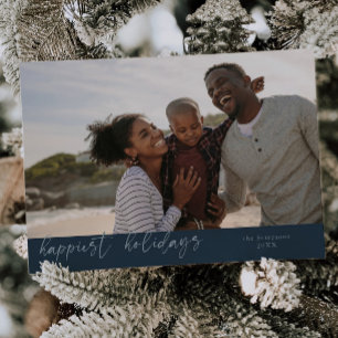 Happiest Holidays Script Blue Christmas Photo Holiday Card